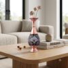 Luxury Persian copper and Pardaz handmade vase on modern light wooden table.