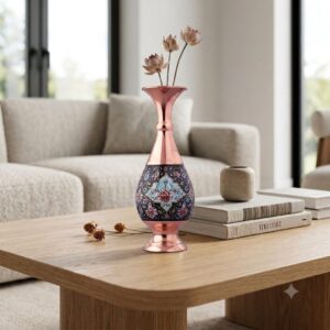 Luxury Persian copper and Pardaz handmade vase on modern light wooden table.