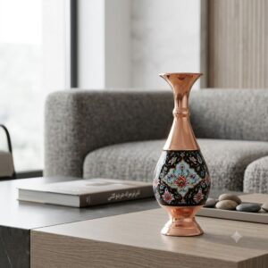 Elegant handcrafted copper Pardaz centerpiece vase on contemporary table.