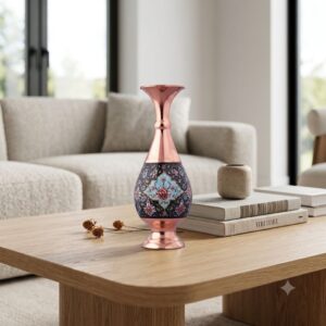 Luxury Persian copper and Pardaz handmade vase on modern light wooden table.
