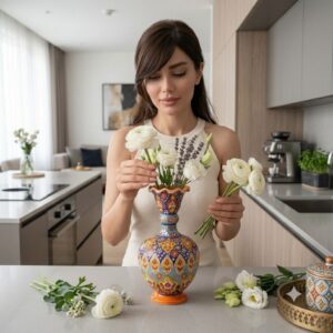 Woman arranging fresh white ranunculus flowers into an artisan Hamedan enamel vase.