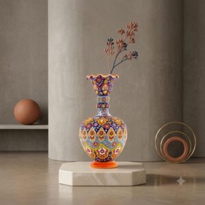 Handmade Lalejin relief pottery vase styled with minimal dried botanical stems on a pedestal.