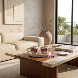 Violet ceramic coffee and tea set displayed on a modern wooden coffee table in a sunlit living room.