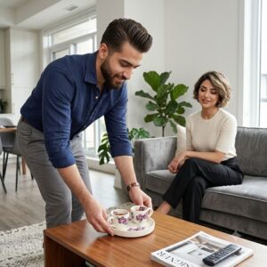 Man serving hot tea using the violet ceramic tray set to a woman relaxing on a sofa.