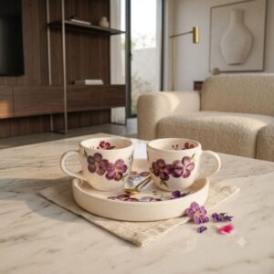 Low-angle close-up of violet ceramic tea cups and golden spoon sitting on a marble coffee table.