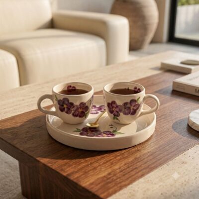 Side view of violet ceramic coffee cups resting on a dark wood tray table under warm morning light.