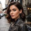 Woman in leather jacket wearing handmade matte black triangle beaded stud earring in a city street setting.