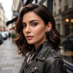 Woman in leather jacket wearing handmade matte black triangle beaded stud earring in a city street setting.