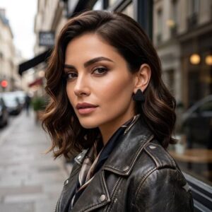 Woman in leather jacket wearing handmade matte black triangle beaded stud earring in a city street setting.
