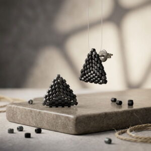 Micro detail shot showing the secure metal post backing and 3D woven structure of matte black triangle earrings.