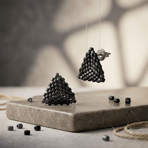 Micro detail shot showing the secure metal post backing and 3D woven structure of matte black triangle earrings.