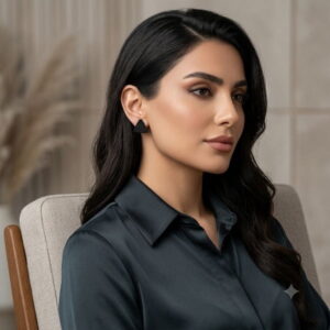 Elegant woman in dark silk blouse wearing handmade matte black 3D triangle beaded earrings.