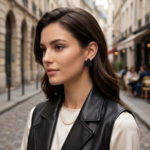 Chic woman wearing matte black triangle beaded stud earrings paired with a thin gold-toned chain necklace.