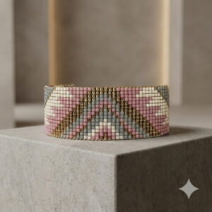 Close-up of the handmade Blush Chevron Loom Bracelet showcasing gold-toned geometric beadwork.
