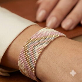 Luxury blush pink and gold-toned hand-woven statement bracelet styled on a woman's wrist.