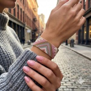 Fashion model wearing a wide geometric chevron bead loom bracelet on an urban street.