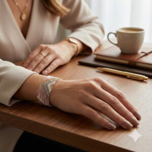 Lifestyle shot of a woman wearing a gold-finished artisan chevron cuff next to a coffee cup.