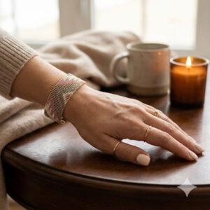 Elegant woman wearing a handmade gold-colored accent chevron loom bracelet in a candlelit setting.