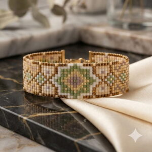 The handmade green and cream beaded cuff bracelet with gold-colored accents displayed upright on a black marble and silk surface.