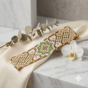 Overhead view of the flat-laid cream and green geometric patterned beadwork bracelet next to a white orchid flower.