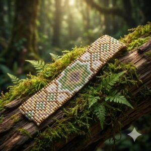 The artisan boho beaded cuff bracelet resting on a moss-covered tree branch in a sunlit forest setting.