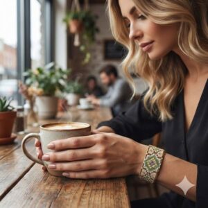 Side profile of a blonde woman in a cafe holding a coffee mug, showcasing the boho beaded cuff bracelet on her wrist.