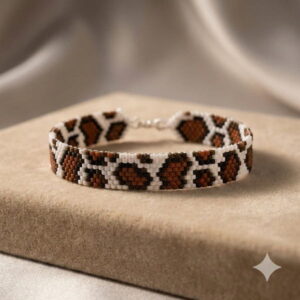 Elegant close-up of the masterfully hand-woven animal print beaded bracelet resting on a soft tan fabric surface.