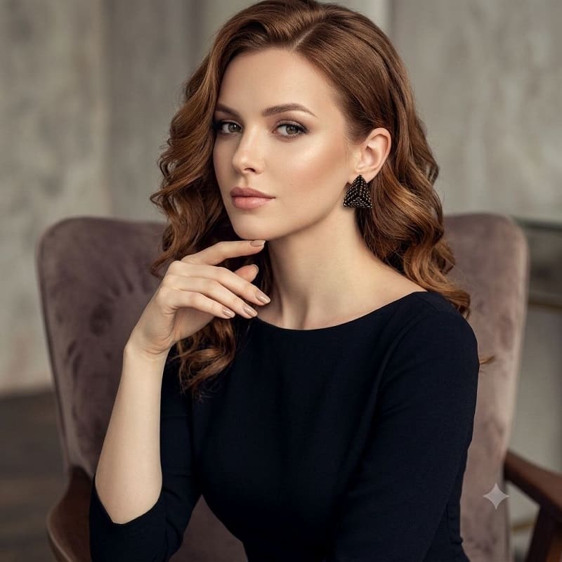 Elegant brunette model showcasing handcrafted 3D triangle beaded earrings with black evening dress.