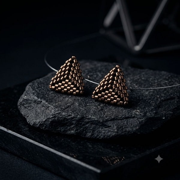 Close-up shot of gold-toned 3D beaded pyramid earrings on dark slate stone background.