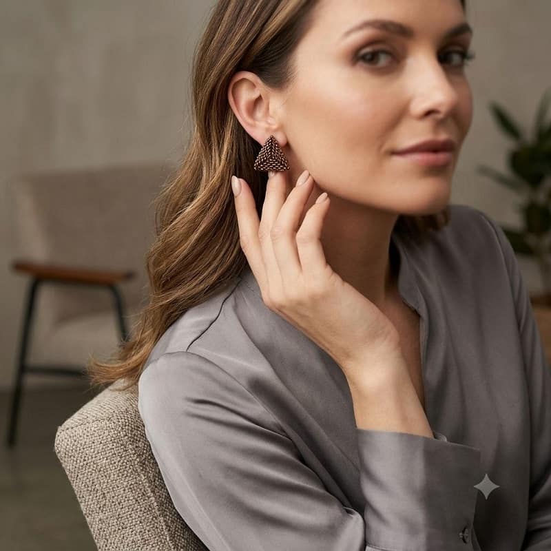 Woman in grey silk blouse wearing handcrafted gold-toned geometric 3D triangle earrings