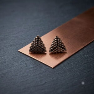 Macro detail of brown and gold-toned hand-beaded 3D triangle stud earrings on copper plate.