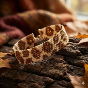 Luxury gold-colored accents on a hand-woven brown geometric seed bead cuff resting on rustic dark wood.