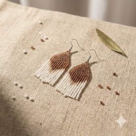 Pair of handmade caramel and cream beaded fringe earrings displayed on textured beige linen with loose artisan beads.