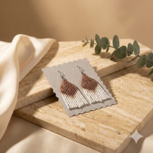 Handcrafted gold-toned and cream beaded earrings showcased on a luxury marble display slab next to a green leaf.