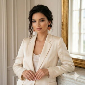 Close-up of an elegant woman in a cream satin blazer showcasing the handmade gold-toned beaded fringe earrings.