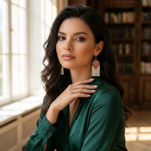 Beautiful woman in a green silk blouse displaying the luxurious long caramel cascade beaded fringe earrings.