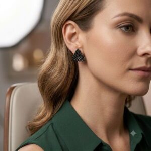 Close up profile of woman wearing dark metallic triangle bead earrings