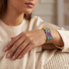 Woman wearing a handmade geometric mosaic beaded bracelet with gold-toned accents on her wrist.