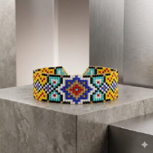 Front view of a colorful geometric mosaic hand-woven seed bead cuff bracelet displayed on stone pedestal.