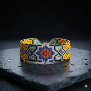 Handmade mosaic seed bead cuff bracelet with gold-toned highlights on a dark slate surface.