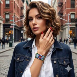 Chic woman wearing the geometric mosaic beaded cuff bracelet with a denim jacket in the city.