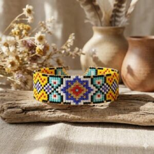 Bohemian geometric mosaic beaded bracelet displayed on natural driftwood with dried florals.