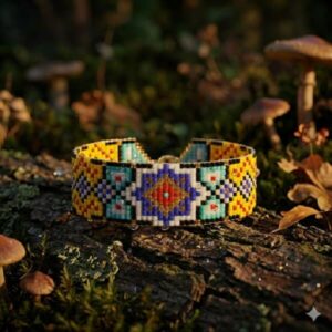 Woven geometric beaded bracelet on natural tree bark in outdoor forest setting.