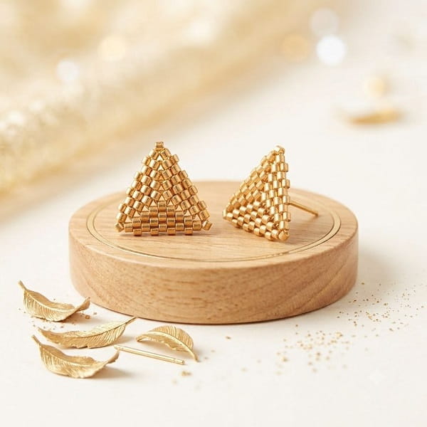 Handcrafted gold-toned beaded triangle earrings displayed on a wooden pedestal with gold leaf accents.
