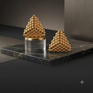 Gold-toned 3D beaded triangle earrings displayed on dark marble and glass stands.