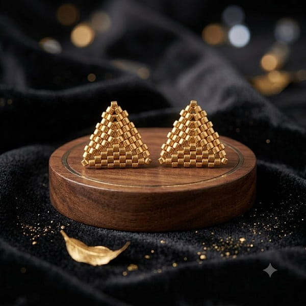Pair of gold-toned 3D beaded triangle studs on walnut wooden block with black velvet backdrop.