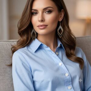 Woman in light blue button-down shirt wearing gold-toned and black geometric beaded earrings.
