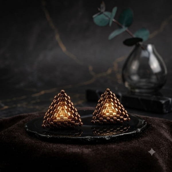 Luxurious gold-finish and black beaded triangle earrings on a dark reflective tray.