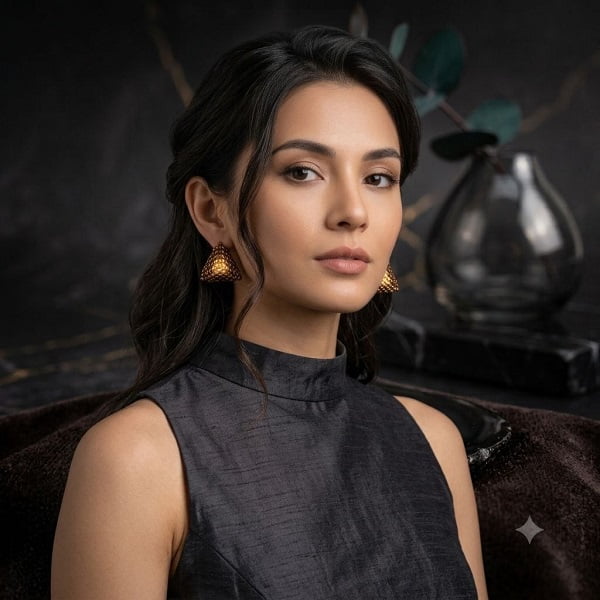 Elegant woman wearing artisan woven gold-toned pyramid earrings.