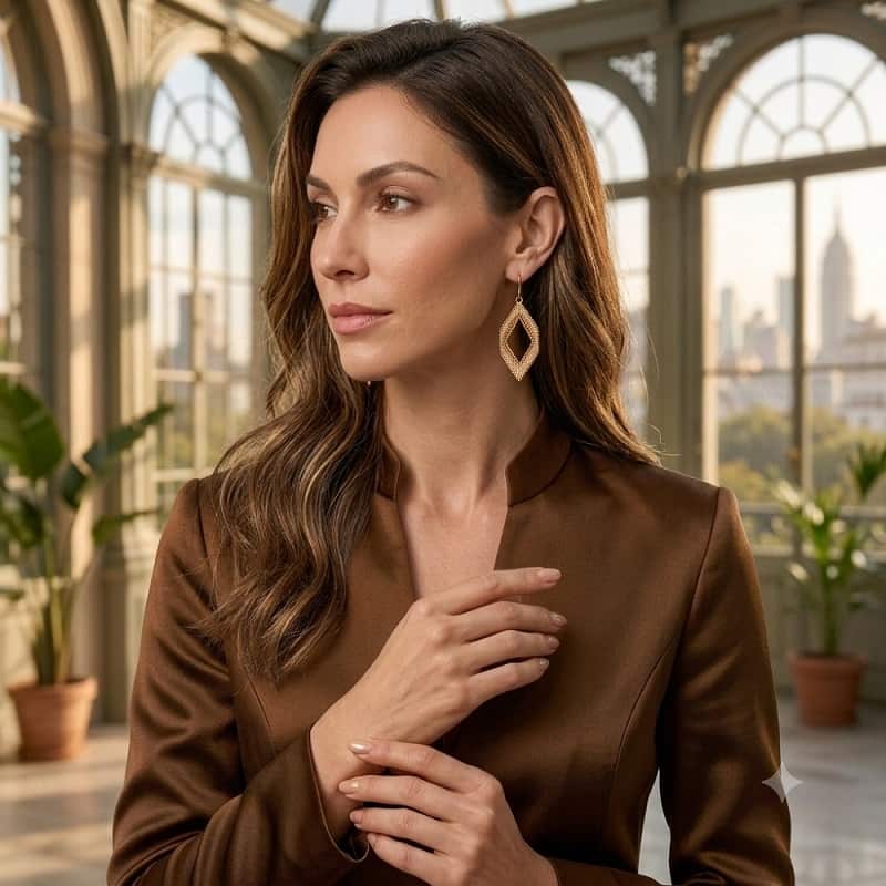 Woman wearing gold-toned architectural lattice earrings with brown satin outfit.